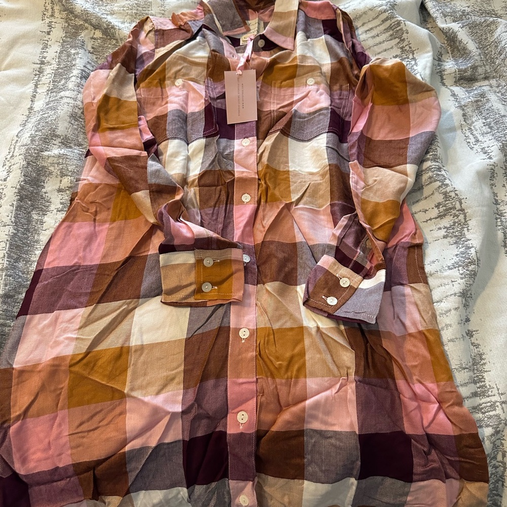 Evy’s Tree The Josephine Plaid Button-Up Shirt in Pink and Brown size small NWT